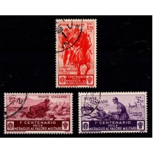 1934 - Italien - AFA 434-36 - Frimærke - Den Italienske tapperhedsmedaljes 100-års jubilæum - 1,75+ l L., 2,55+2 L., 2,75+ 2 L. - Stemplet.